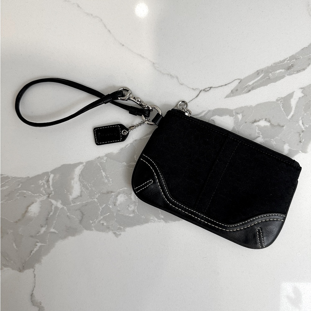 Coach Canvas Signature Micro Jacquard Black Leather Coin Purse Wristlet - Picture 3 of 6